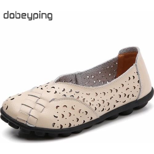 Dobeyping Cut Outs Womens Summer Flats Genuine Leather Soft Woman Shoes Slip On Women Loafers Hollows Mother Walking Footwear