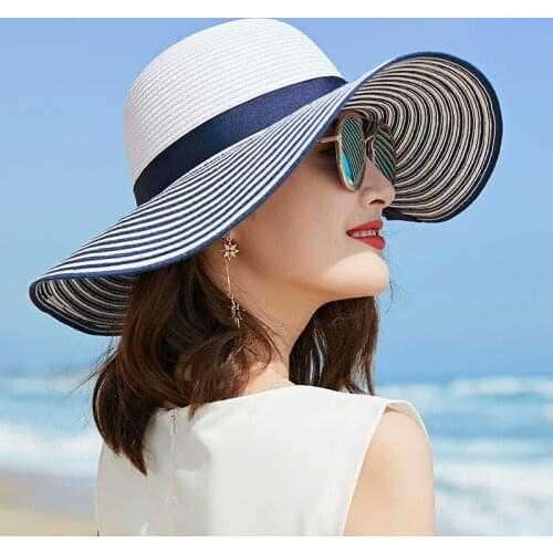 2019 Hot Sale Fashion Hepburn Hat Wind Black White Striped Bowknot Summer Sun Hat Beautiful Women Straw Beach Hat Wide-brim Cap