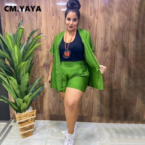 CM.YAYA Women Plus Size Set Solid Short Sleeve Tops Mid Waist Staight Shorts 2 Piece Set Active Tracksuit Fashion Outfit Summer