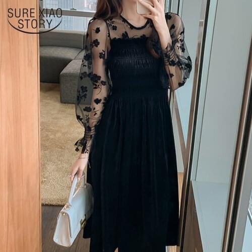 Korean Mesh Velvet Sexy Dress Women Autumn Winter New Midi Black Dress Embroidery Vinatge Zipper Ladies Dresses Vestidos 12557