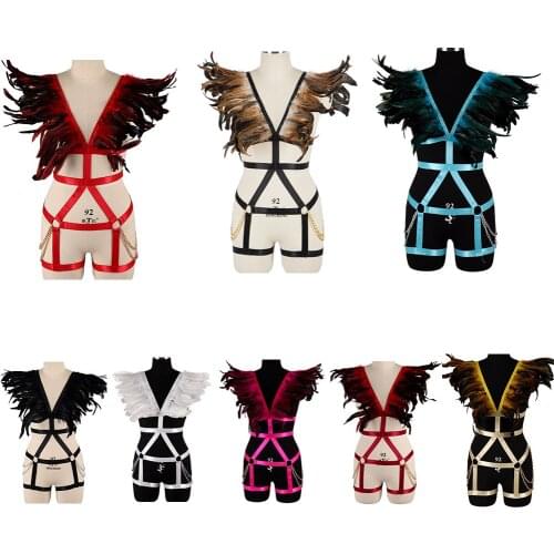 Goth Dance Party Club Wear Feather Erotic Lingerie Women Sword Belt Elastic Harness Bra Cage Sexy Lingerie Garters Suspenders