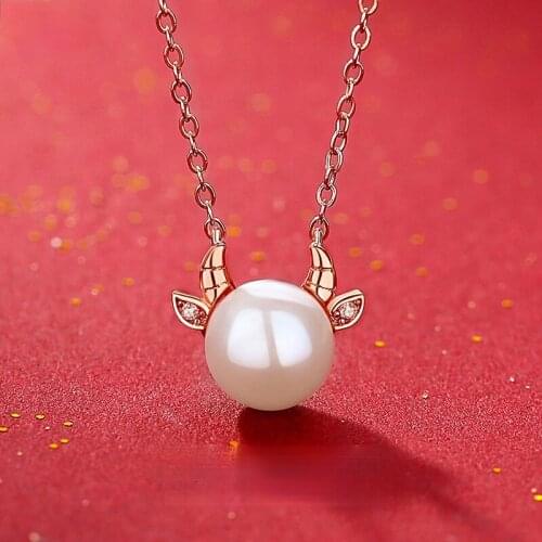6045 S925 Sterling Silver Necklace Female 2021 Zodiac Cute Cow Pearl Pendant Simple Clavicle Chain Light Luxury Jewelry