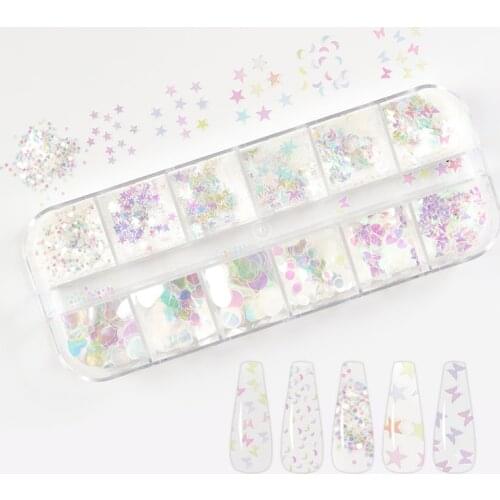 12 Grids/Set AB Color Nail Glitter Sequins Flake Star Moon Love Heart Circle Slice Nail Art Decoration Accessories Tool
