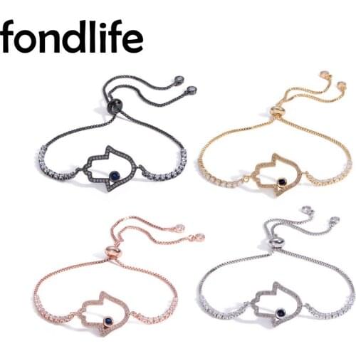 AAA CZ Cubic Zirconia Hamsa Hand Of Fatima Evil Eye Charm Bracelet Women Mens Gift Adjustable Brass Chain Chic Fashion Jewelry