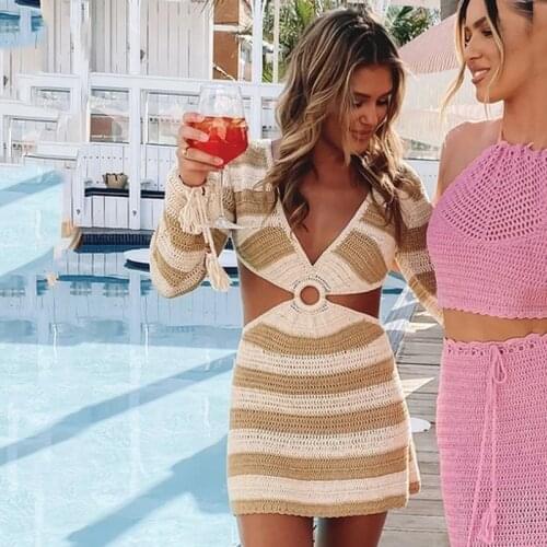 Ardm Fashion Waist Hollow Out Backless White Summer Dress 2021 Sexy V Neck Knitted Slim Stripe Mini Dress For Women Beach dress