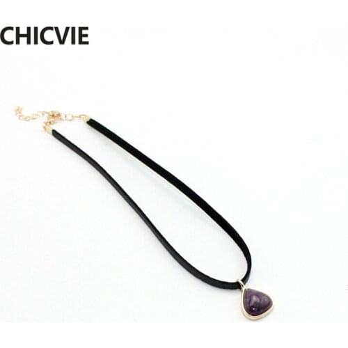 CHICVIE 2018 Women Jewelry Black Short Leather Cord Accessories Drop Shape Natural Stone Charm Pendant Chain Necklaces SNE170057