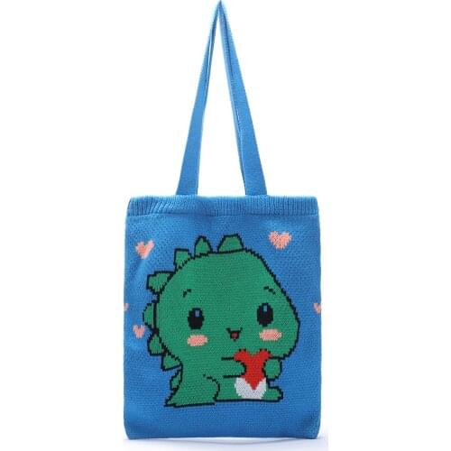 Women Knitting Crochet Top-handle Tote Bag Teenager Cute Cartoon Dinosaur Pattern Soft Woolen Yarn Open Shopping Shopper Handbag