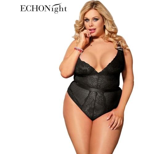 Echonight Lace Plus Size Bodysuit Women See Through Body Sleveless Bodycon Overalls Female Deep-v Bodysuits Teddy Rompers