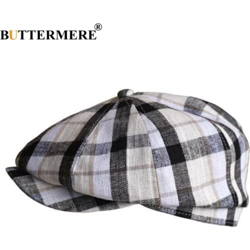 BUTTERMERE Newsboy Cap Men Women Linen Beret Cap Spring Summer Plaid British Style Male Female Unisex Casual Retro Octagonal Cap