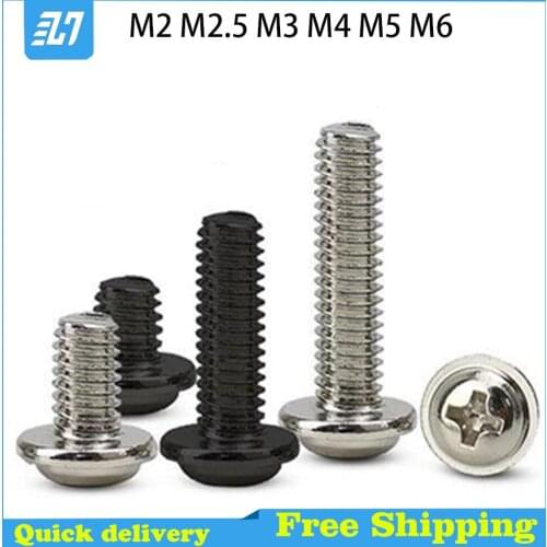 Cross Phillips Pan Round Truss Head with Washer PWM DIN967 Padded Collar Machine Screw Bolt 304 Stainless Steel M2M2.5M3M4M5M6