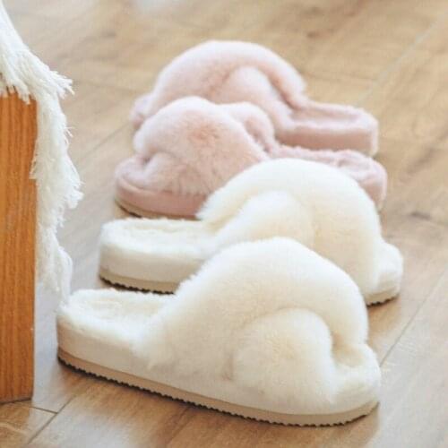 2021 Winter New Women Soft Plush Furry Cross Band 3cm Heel Fur Women Shoes Indoor Ladies Platform Open Toe Fluffy House Slippers