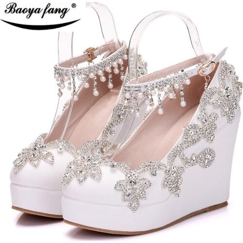 BaoYaFang New Women crystal wedding shoes Wedges 11cm high heels platform shoes woman ankle strap Ladies Pumps high shoes