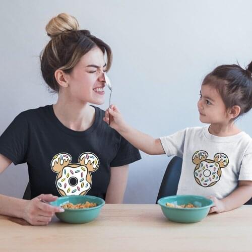 Family Matching Clothes Kawaii Dropship Disney Mickey Mouse Top Cartoon Pattern Harajuku Casual Black White Adult Unisex T-shirt