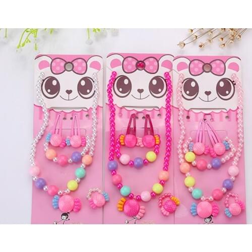 Children Kid Girl Cute Pearl Beaded Necklace Bracelet Hair Clip Ring Set Christmas Birthday Party bag filler Jewelry Gift favor