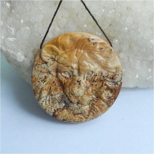 Support for custom Round Shape carved lion head Picture Jasper Necklace Pendant 47x9mm 30g Fashion Jewelry For Man Best Gift