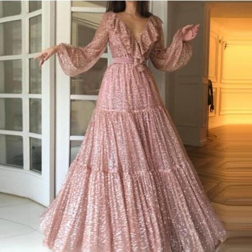 2020 Gold Pink Long Prom Dresses A Line Sexy V-neck Long Sleeves Formal Pageant Holidays Wear Graduation Evening Party Gowns