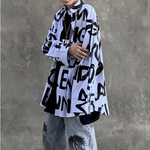 Shirts for Men Harajuku Shirt National Printed Graffiti Shirt Men Long-sleeved Tops Korean Spring/autumn Harajuku Style Jacket
