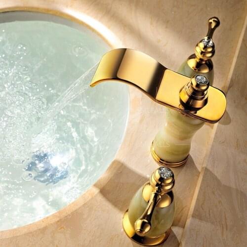 European style Contemporary Waterfall Brass Imitation jade Ti-PVD Bathroom Sink Faucet - Golden