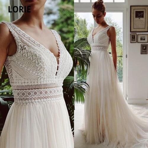 LORIE Bohemian Wedding Dresses V Neck Appliques Lace Tulle White Ivory Beach A-Line Boho Bride Gown 2021 vestidos de novia