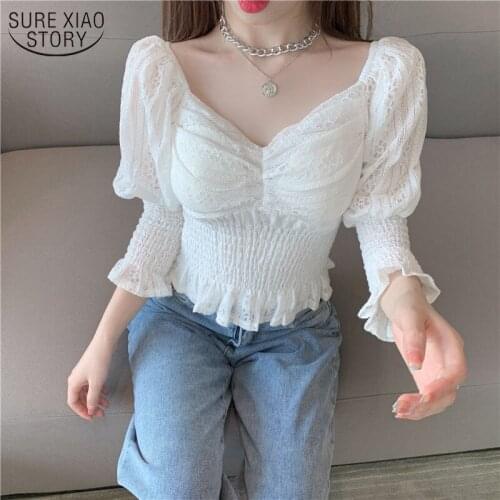 Spring Women Long Sleeve Lace Shirt Women Square Collar Hollow Out Ruffled Lace Tops Fashion Women Blouse Ropa Mujer Chic 12966