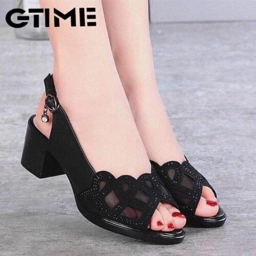 Womens Sandals Really Soft Leather Summer Mesh Fish Mouth Chunky Heel Semi-High Heeled Hollow out Soft Bottom Mom #SJPAE-350