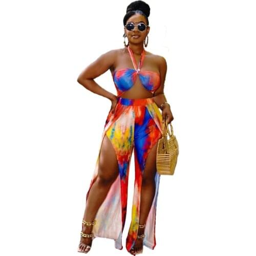 Best Match Tie Dye Sexy Two Piece Outfits For Women Sets Clothes Sleeveless Halter Crop Top Slit Loose Wide Leg Pants Beach Club