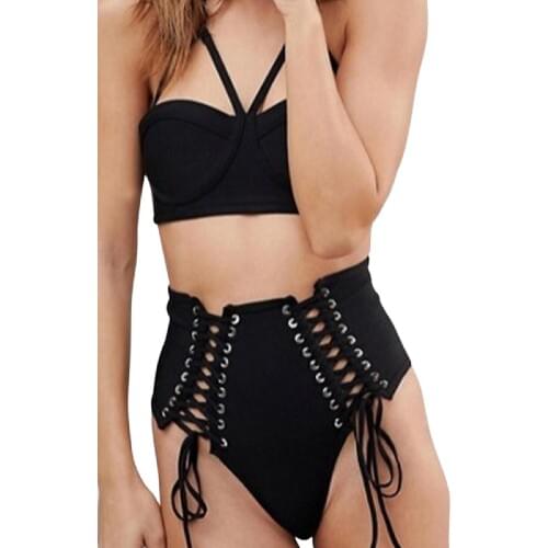 Mounchain Women Sexy Swimsuit Bandage Tie Strap Slim Style High Waist Bikini Swimwear Set