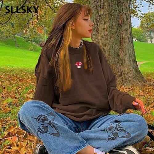 SLLSKY Solid Mushroom Embroidery Oversized Sweatshirts Women Vintage Brown Crewneck Long Sleeve Loose Tops Fashion Streetwear