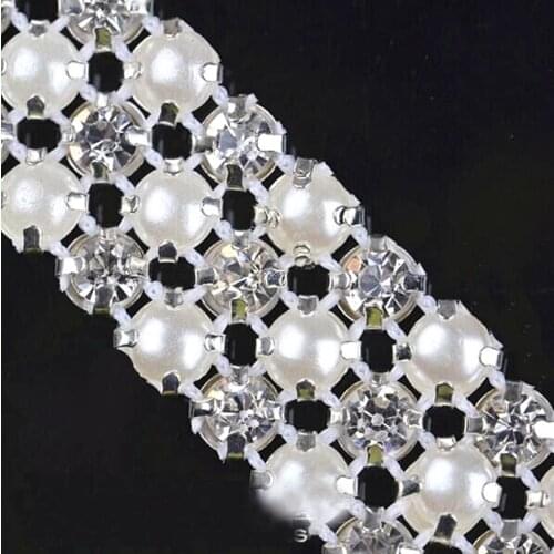 2 Yard Diamond Trimming 3 Rows 5 Mm A Grade Rhinestone Crystal Pearl Wedding Dress Banding Tape Cake Ribbon Diy Hair Decoration