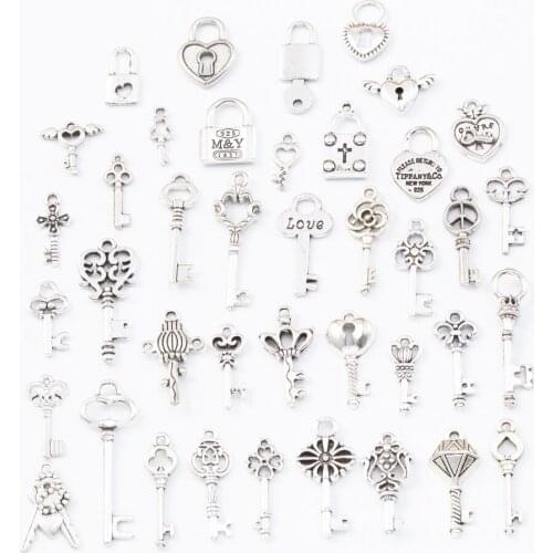40pcs 40different Key lock Tibetan Silver Mixed Styles Charms Pendants DIY Jewelry for Necklace Bracelet Making Accessaries 2233
