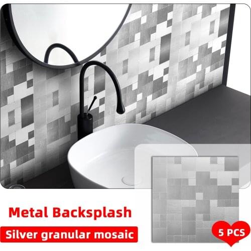 5PCS Silver Brick Mosaic Peel and Stick Tiles Self Adhesive Wall Sticker Metal Backsplash Panel Home Decor Bathroom Kitchen DIY