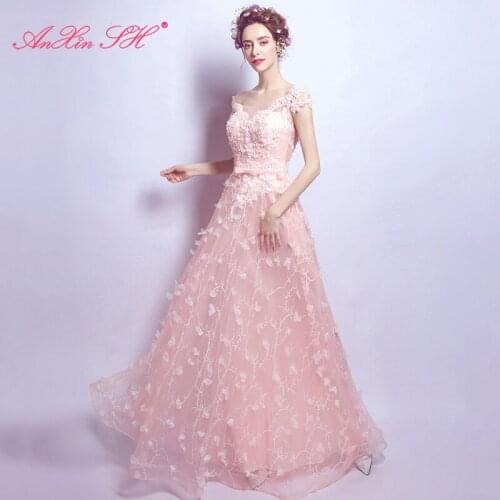 AXJFU Pink lace petal bridal boat neck evening dress toast boat neck dinner annual performances pink flower evening dress 2561