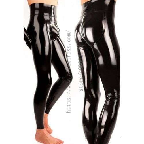 3D cutting design high waisted black leggings mens latex stretch pants with crotch zipper decorations
