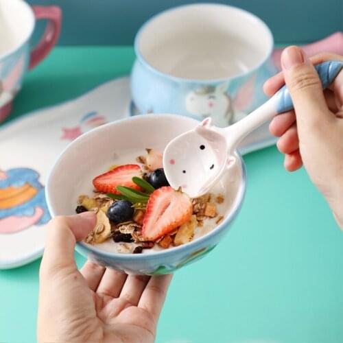 2021 Childrens Cartoon Unicorn Ceramic Household Plate Creative Cute Breakfast Cup Large Noodle Bowl Tableware