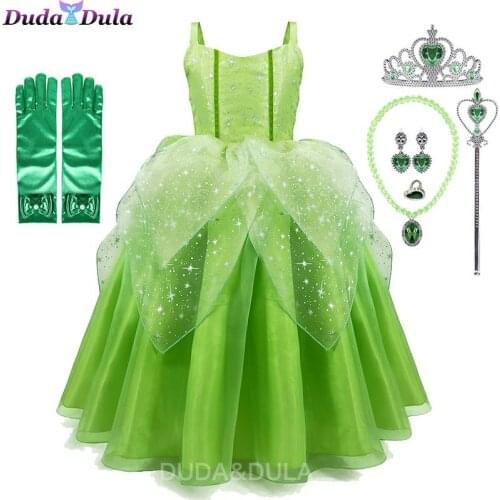 Girls Princess Tiana Dress up Costume Kids Cosplay Princess and The Frog Clothing Child Birthday Party Halloween Fancy Ball Gown