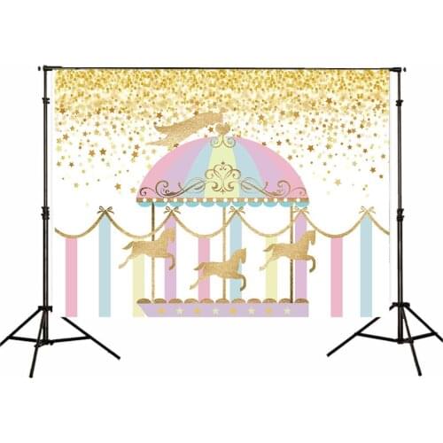 Girl Princess Backdrop Baby Shower Party Banner Carrousel Carnival Birthday Photo Background Glittering Golden Star Poster Decor