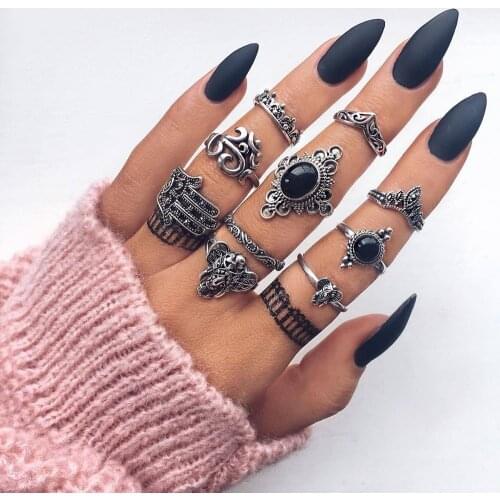 ABDOABDO Boho Rings for Women Retro Elephant Palm Carved Black Gem Joint Ring Goth Ring Set Jewellery Accessories Anillos Mujer