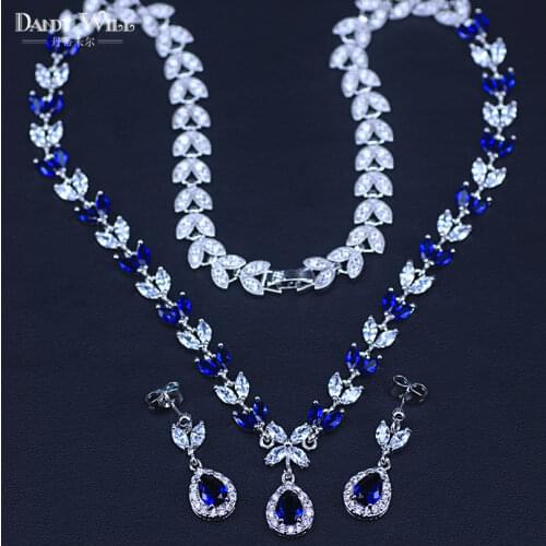 Luxury Wedding Jewelry Set Big Water Drop Cubic Zirconia & Crystal Royal Blue Earrings Necklace Set For Women