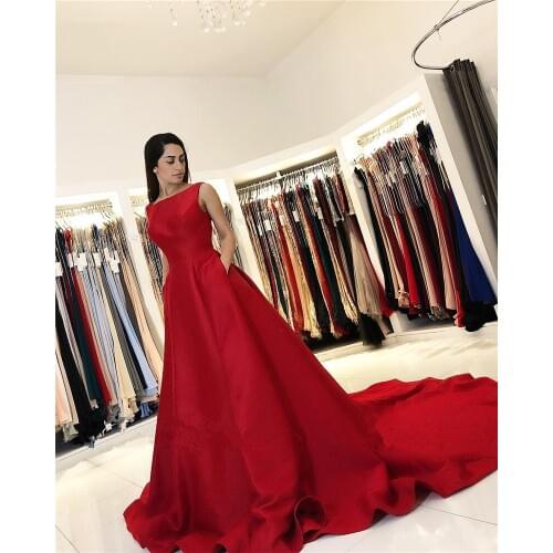 Red Scoop Backless Floor Length Court Train High Quality Satin Pleated Evening Dresses 2020 vestidos de fiesta de noche