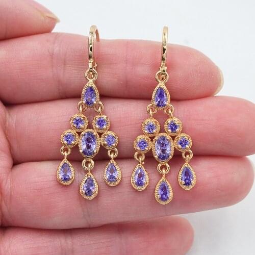 Fashion Jewelry Gold Color Royal Purple CZ Zircon Luxury Palace Chandelier Earrings for Women