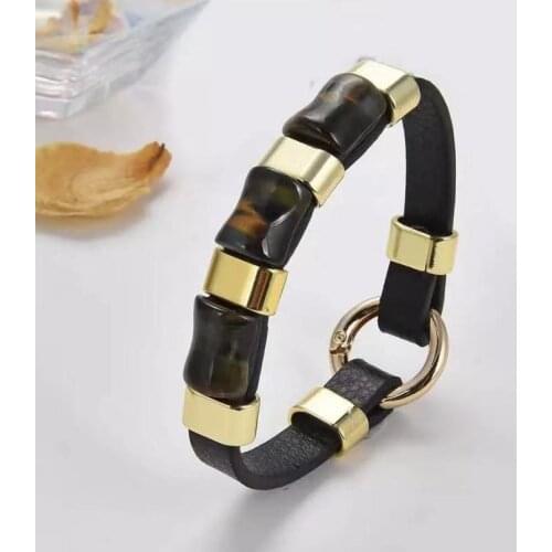 Fashion trend leather bracelet natural long three-grain tiger eye stone mens bracelet round buckle mens jewelry