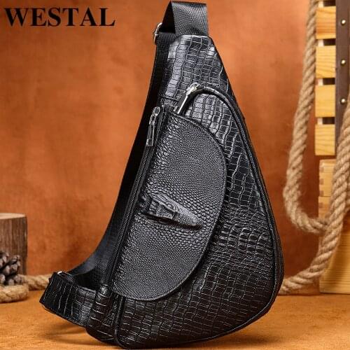 WESTAL Men’s Chest Bag Crocodile pattern Genuine Leather Bag Crossbody Bags for Man Fashion Shoulder Pack Natural Leather 697