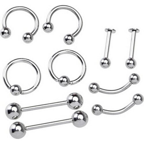 10Pcs Stainless Steel Curved Eyebrow Nose Lip Earrings Nipple Piercings Punk Unisex Body Piercing