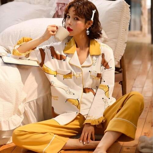 Women 2021 Spring new cotton Pajama set Cartoon nightwear sleeping suit Cardigan home wear female ins autumn lounge wear FG357