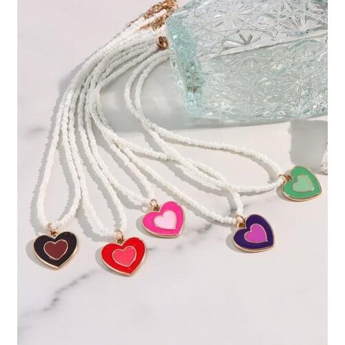 Simple Beaded Double Layer Heart Pendent Necklaces for Women Fashion Handmade Seed Beads Strand Necklace Elegant Jewelry Gifts