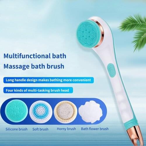 Silicone Electric Massager Bath Brush Back Scrubber 4 Brush Heads USB Rechargeable Multifunction Shower Brush Long Handle