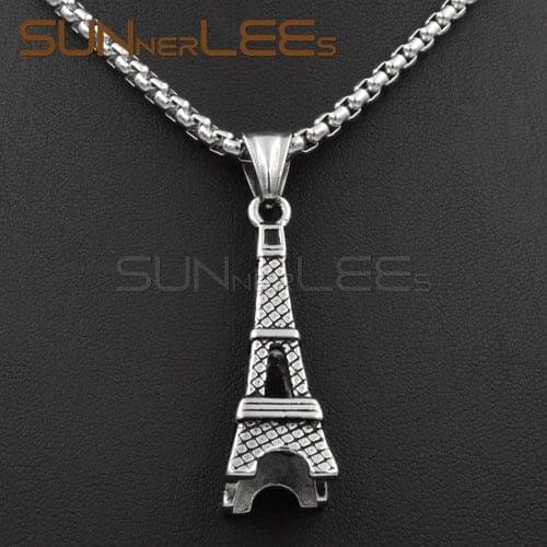 SUNNERLEES Fashion Jewelry Stainless Steel Pendant Necklace Link Chain Punk Eiffel Tower For Mens Womens SP46
