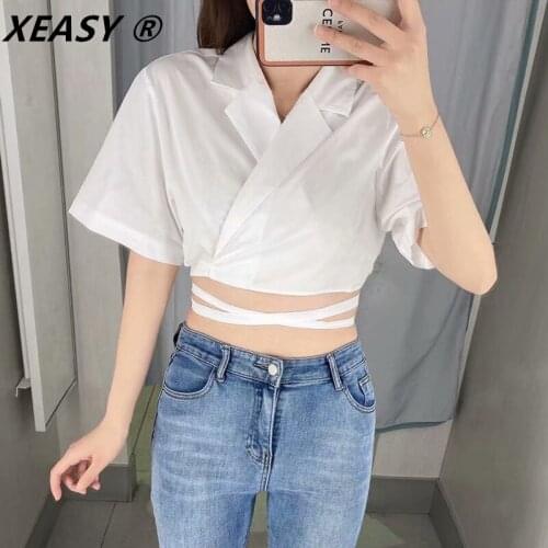 XEASY 2021 Summer Women Shirts Short Blouse Solid Half Sleeve Shirt Female Loose Thin V-neck Sexy Frenulum Top Blouse