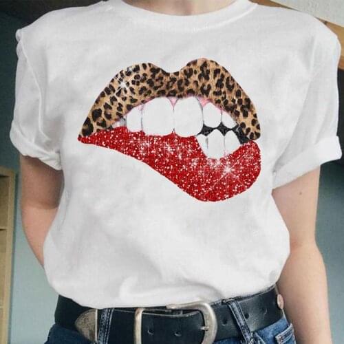 Women Leopard Lip Funny New Style Sweet Fashion Graphic Female Short Sleeve Tops Cartoon Lady Clothes Tees Tshirt Print T-Shirt