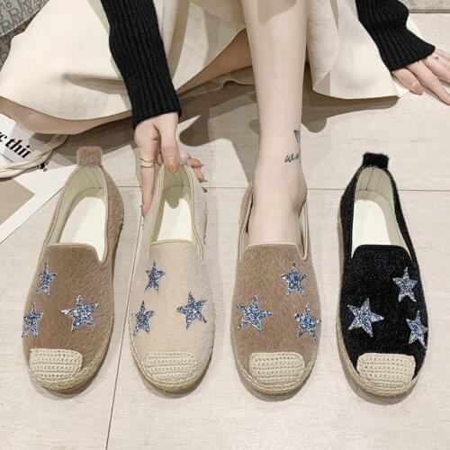 Women Loafers Straw fisherman Shoes Star Slip on Flat Shoes Woman Flats Bling Boat Shoe 2020 Spring Autumn zapatos mujer 8733L